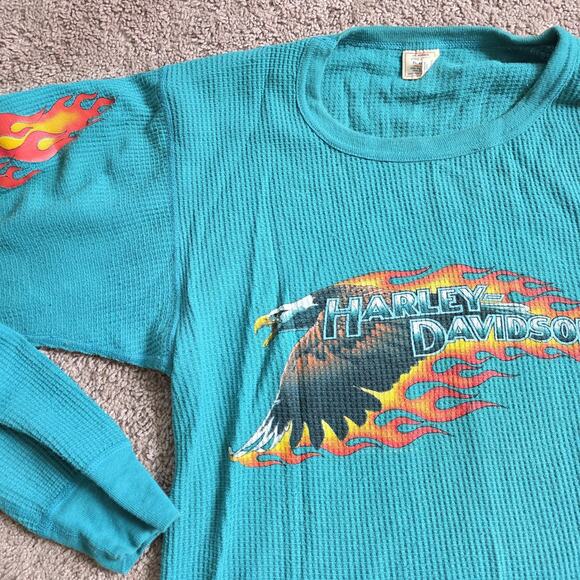 Vintage 90s Harley Davidson Teal Thermal Waffle Knit Top XL Flames Eagle 1993 - Picture 4 of 13